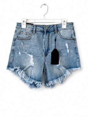 NWT Distressed Light Blue Denim High Rise Shorts - Women's Frayed Hem Size L